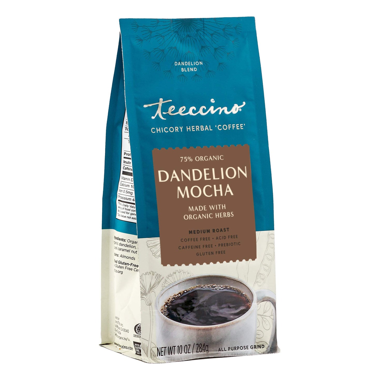Teeccino Dandelion Mocha Herbal Coffee - Caffeine-Free, Gluten Free, Medium Roast, 10 oz