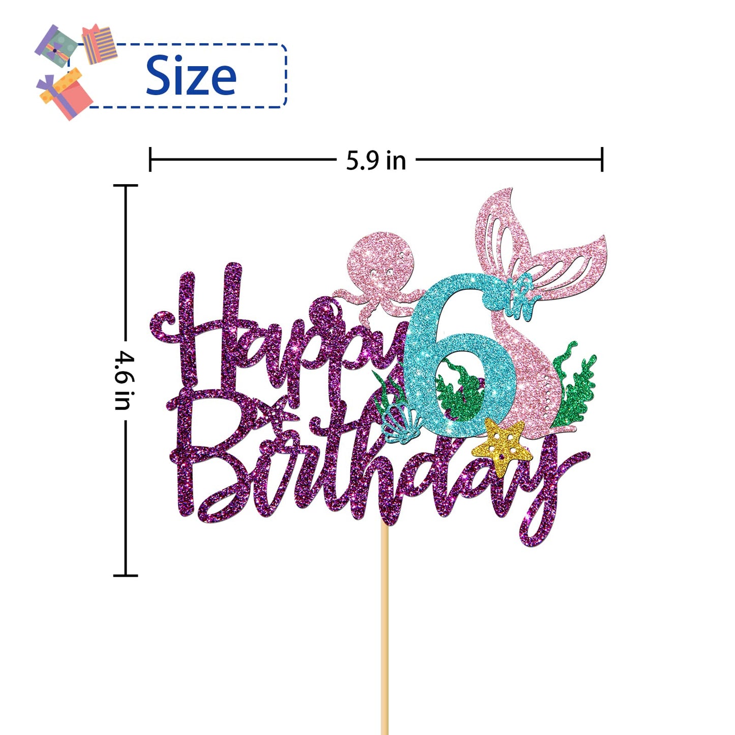 Roadsea Mermaid Happy 6Th Brithday Cake Topper - Under The Sea Theme Girl Kid Six Birthday Cake Supplies/Ocean World 6Th Mermaid
