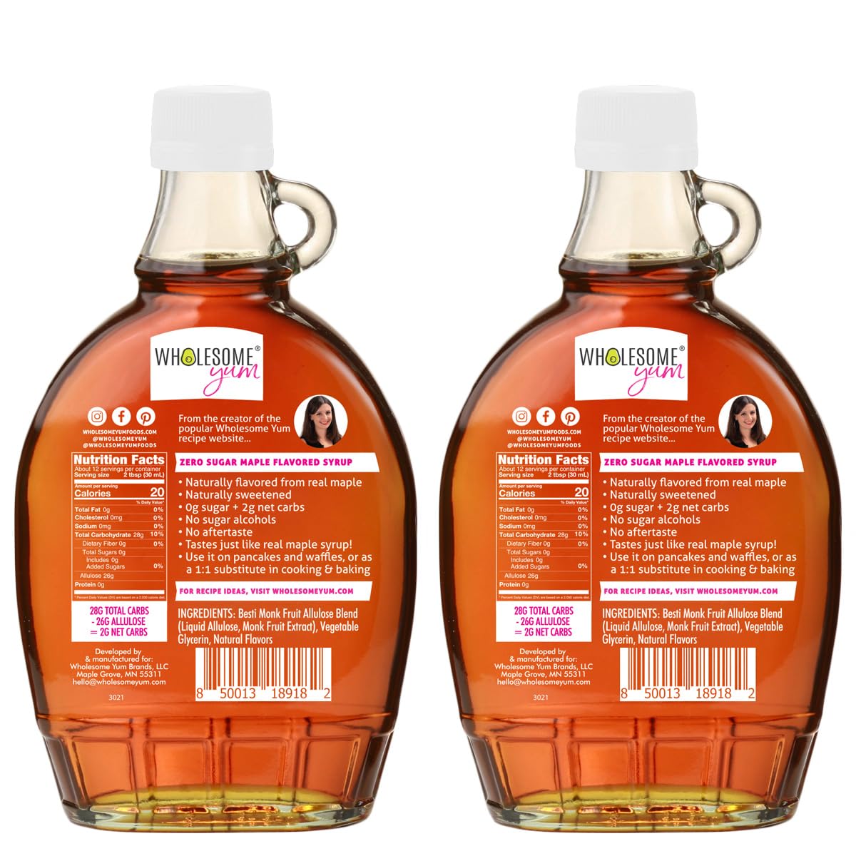 Wholesome Yum Zero Sugar Maple Syrup (Keto Maple Syrup) With Monk Fruit & Allulose - Natural Sugar Free Pancake Syrup - Non GMO  Low Carb  Gluten Free  Vegan  No Aftertaste (12 fl oz  2 Pack)