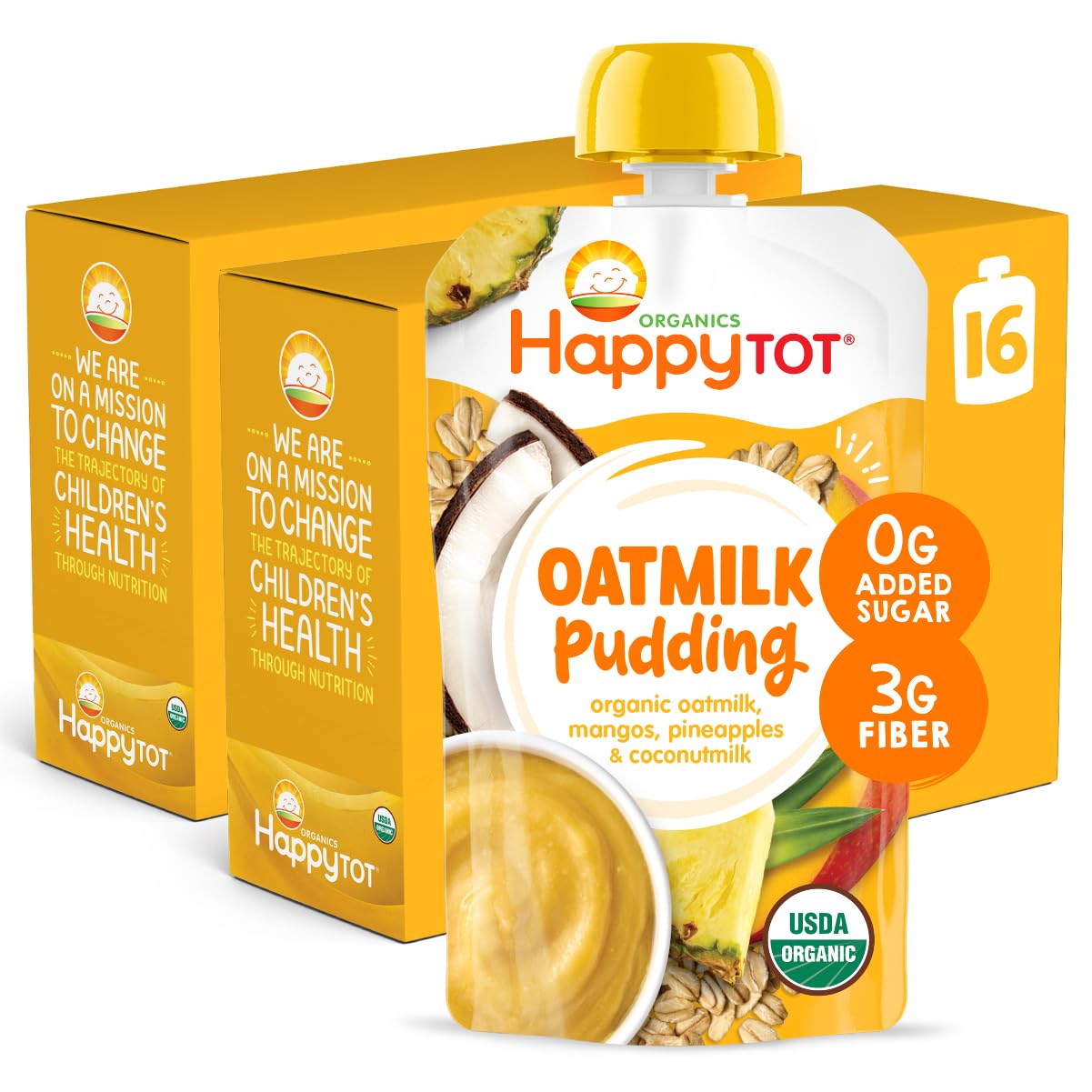 Happytot Organics Oatmilk Pudding, Dairy-Free, Stage 4 Toddler Snack, Oatmilk, Mangos, Pineapples & Coconutmilk, 4 Ounce Pouch, Pack Of 16