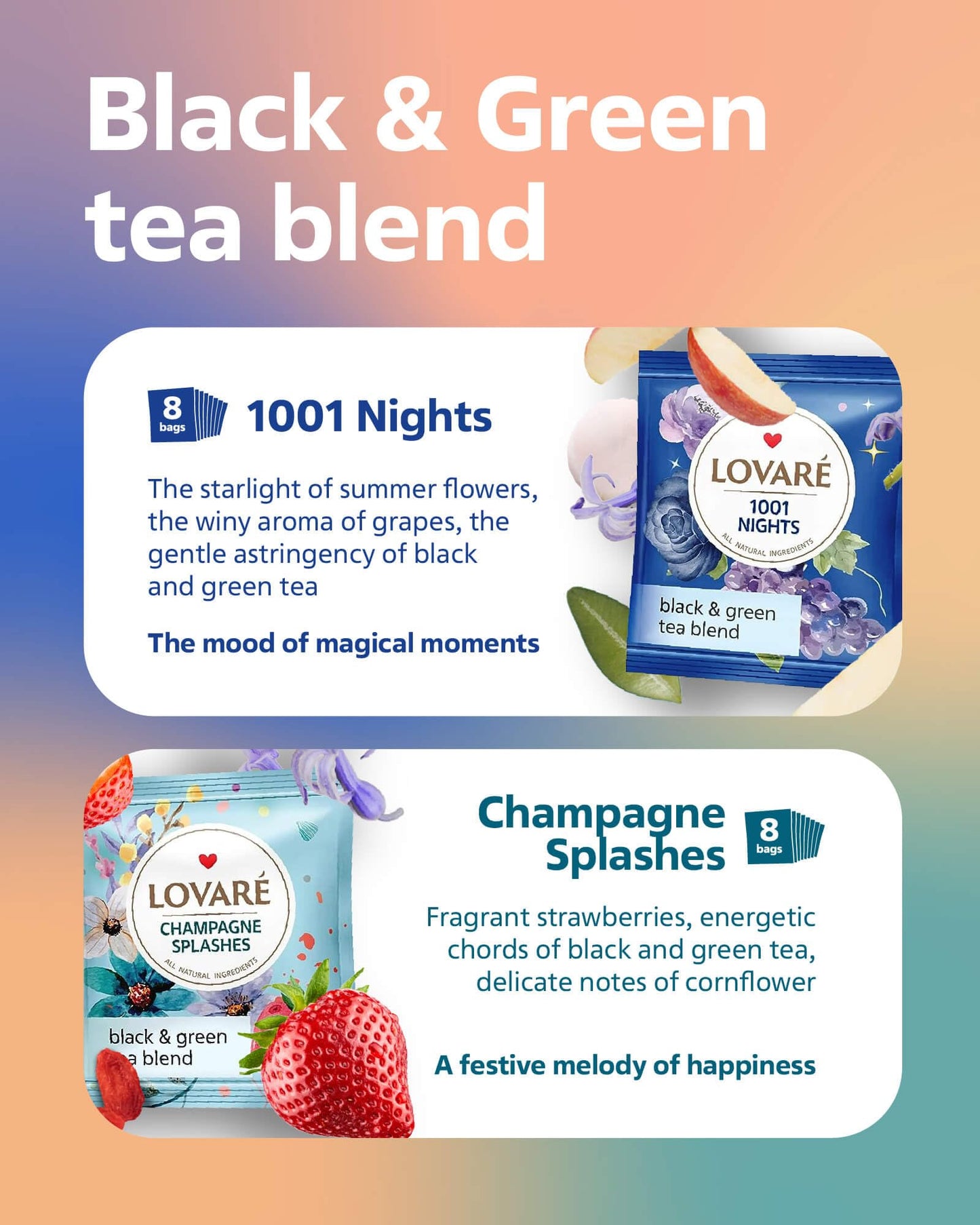 LOVARE Assorted Black Tea Bags Variety Pack - 32 Count - Gluten Free - 1001 Night, Passion Fruit, Champagne Splashes, Wild Berry