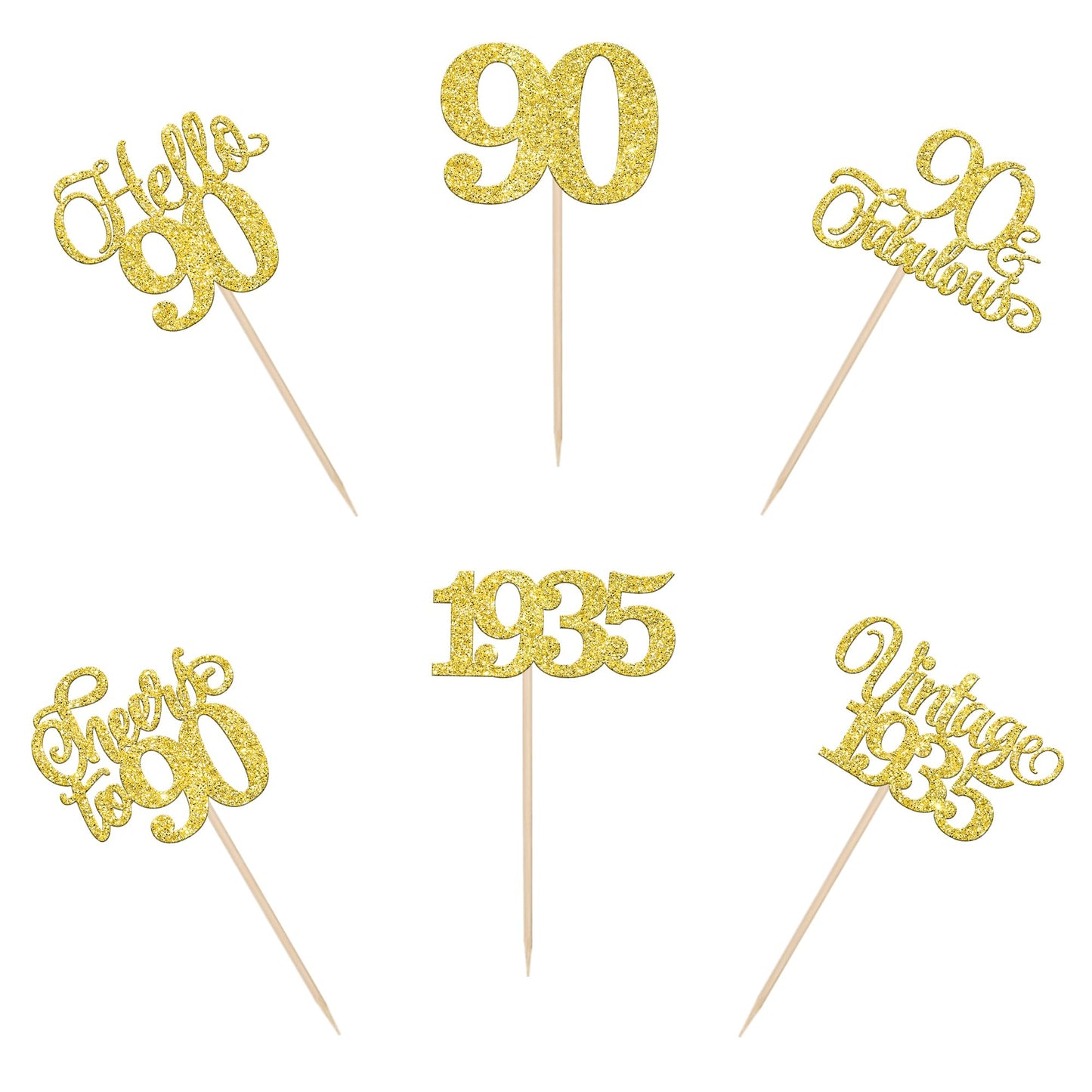 Rssta i 24 Pack Gold Glitter 90th Birthday Cupcake Toppers for Party Decorations