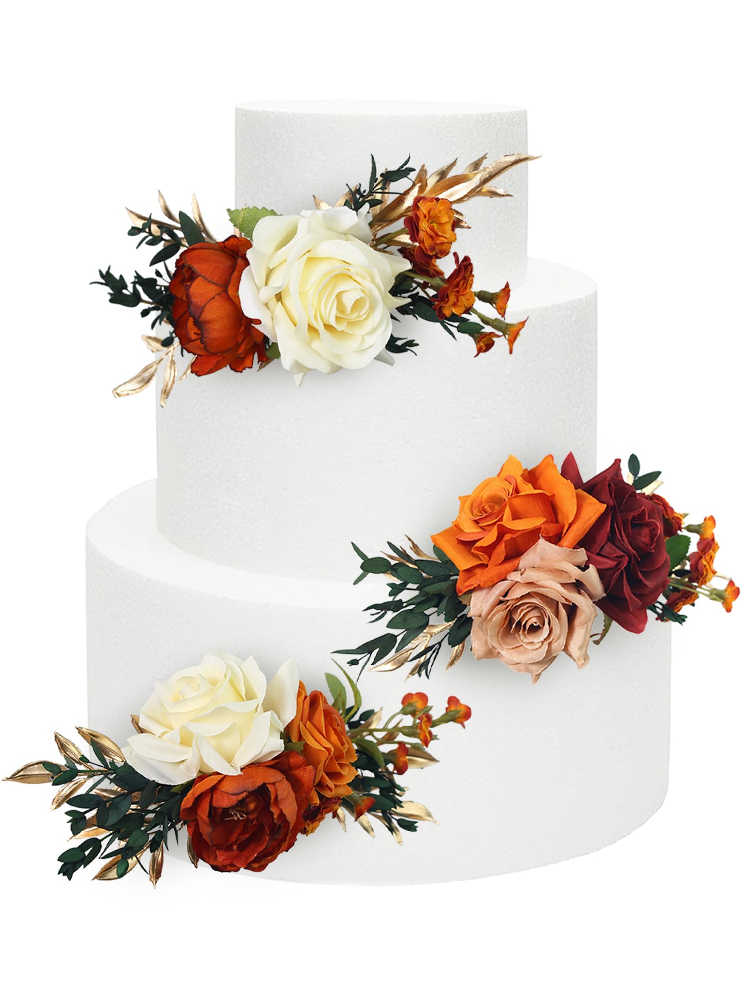 Rinlong 3Pcs Cake Flowers Cake Toppers Artificial Flowers For Cake Decor Burnt Orange Terracotta Fall Wedding Cake Decorating Flowers For Baby Shower Birthday Party