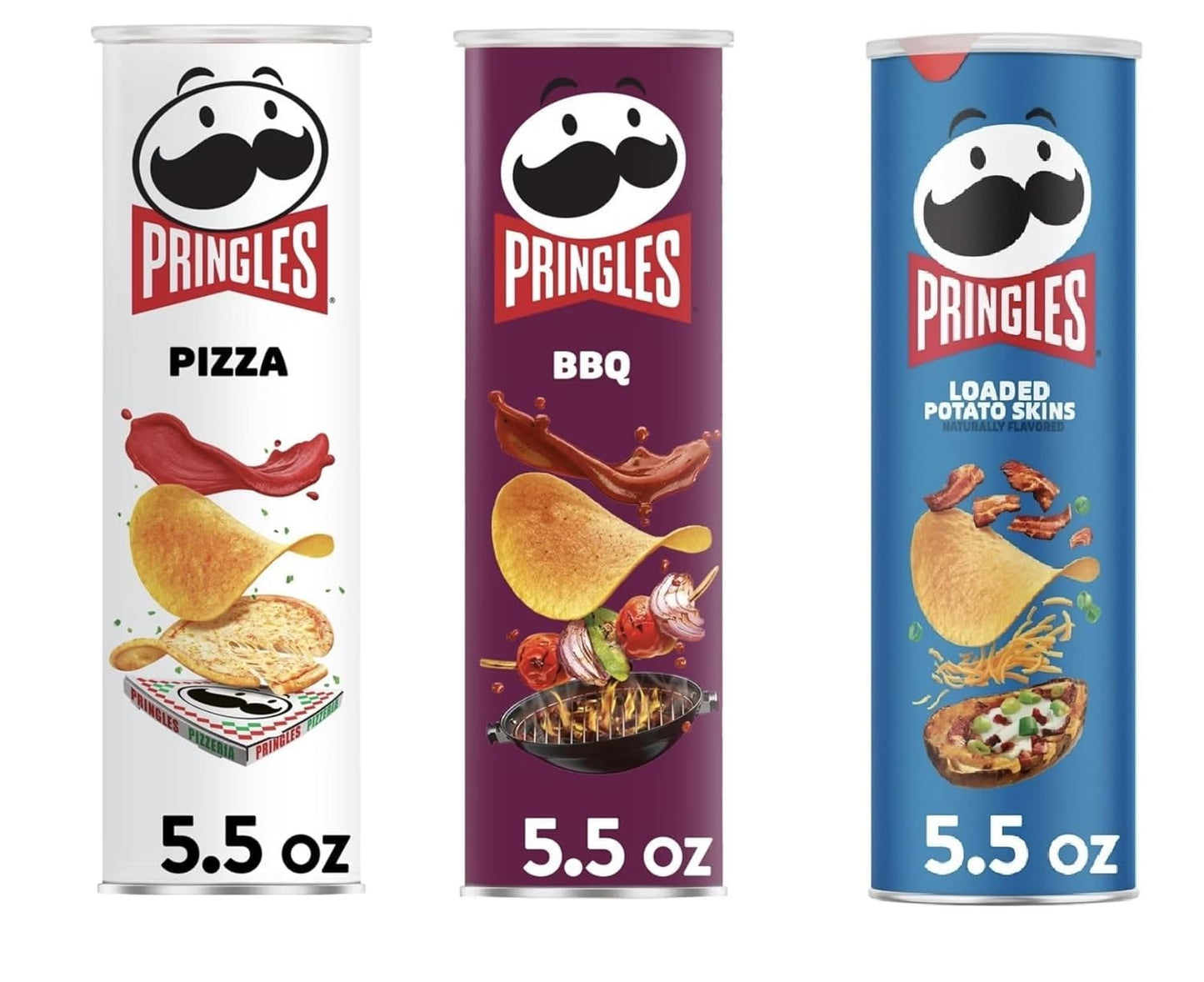 Pringles Potato Chips Trio Variety Set 5.5oz - 3 cans (Pizza, BBQ, Loaded Potato Skins)