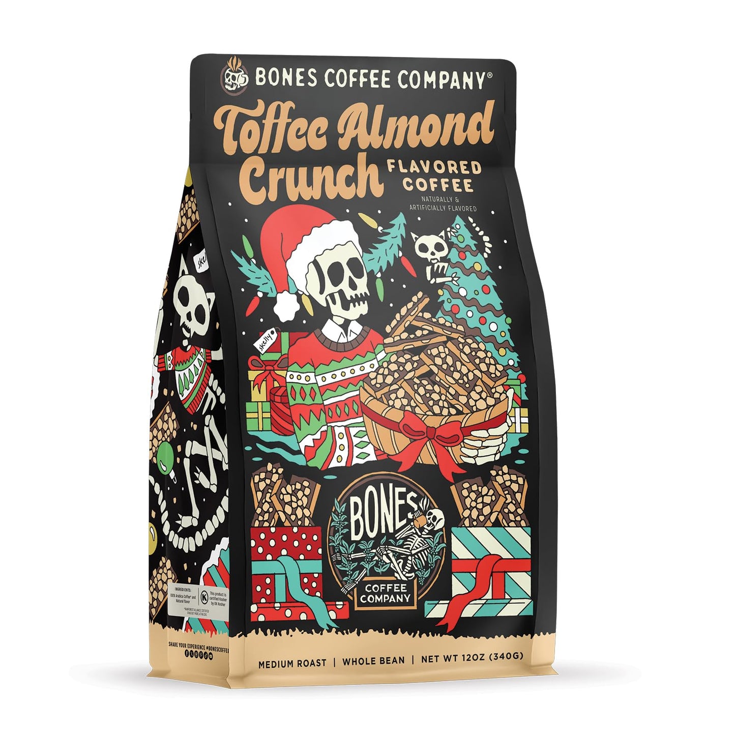 Bones Coffee Company Toffee Almond Crunch  Toffee Almond Flavored Coffee  Medium Roast Low Acid Arabica Beans Compatible with Auto drip and French Press Coffee Maker  12 Oz Whole Bean