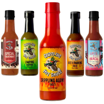 Crippling Hot Sauce Variety Pack - 5 Gourmet Hot Sauces - Smoky, Tangy, Fiery, Sweet, And Savory - Hot Sauce For Grilling, Tacos, Burgers & More - Hot Sauce Gift Set - 5% Proceeds For Cerebral Palsy (5 Pack, Crippling Decisions Variety Pack)