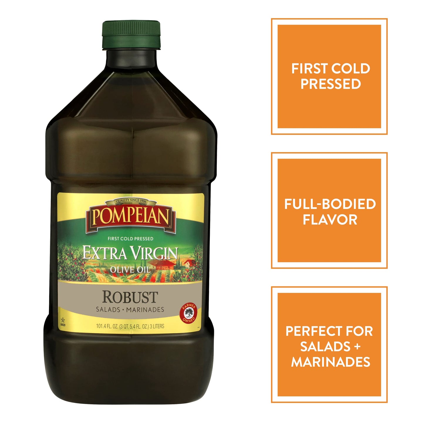 Pompeian Robust Extra Virgin Olive Oil, First Cold Pressed, Full-Bodied Flavor, Perfect For Salad Dressings & Marinades, 101 Fl. Oz.