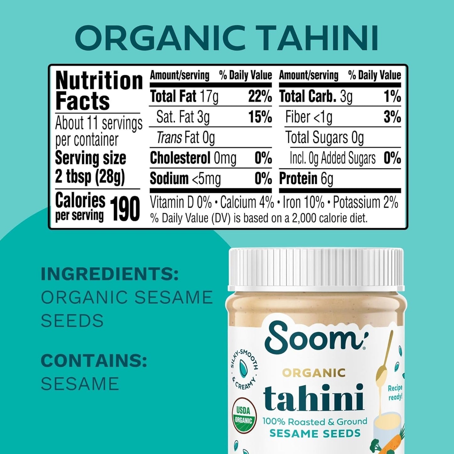 Soom Foods Organic Tahini Paste, Creamy Sesame Seed Spread, Vegan, Gluten-Free, 11oz