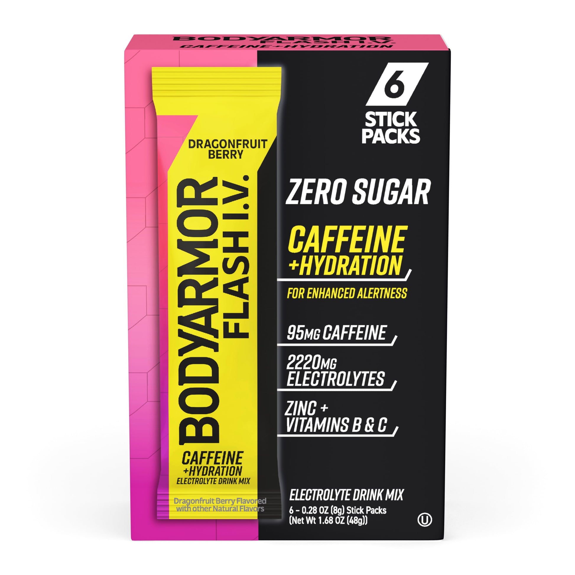 BODYARMOR Electrolyte Drink Mix - Caffeinated Dragonfruit Berry - Zero Sugar - 6 Pack - 1.68 Ounce Each - Travel Essentials