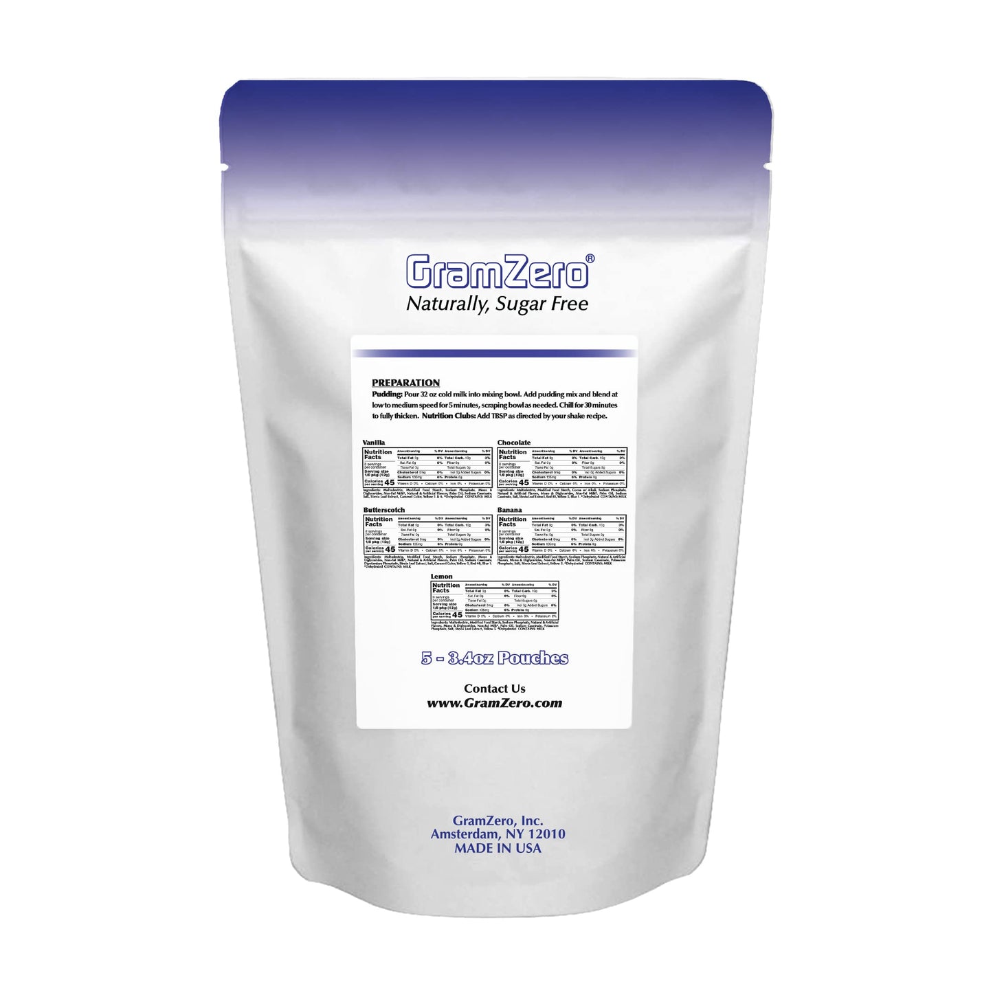 Gramzero Variety (Vanilla, Chocolate, Butterscotch, Banana, Lemon) Sugar Free Pudding Mix 5-Pack, Great For Nutrition Club Meal