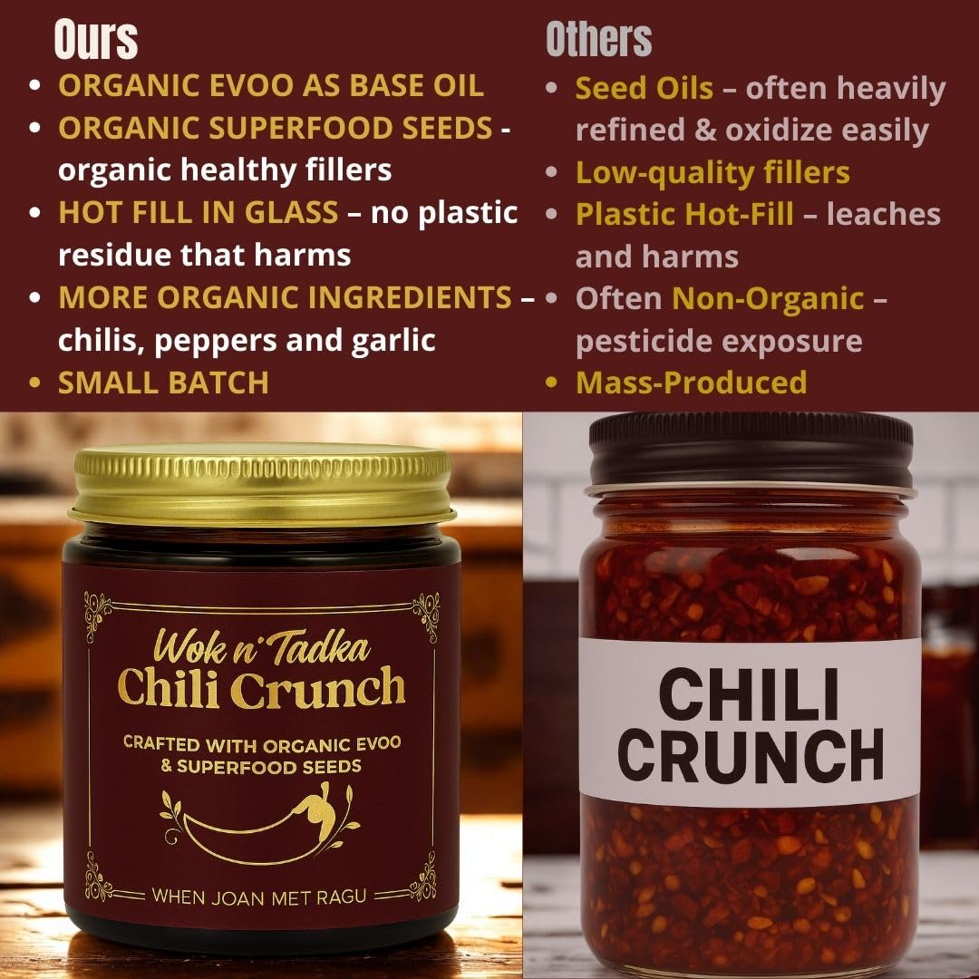 Wok n Tadka Healthy & Flavorful Chili Crunch Condiment 6oz (Crafted with Organic EVOO & Superfood Seeds) No Added Sugar, No MS