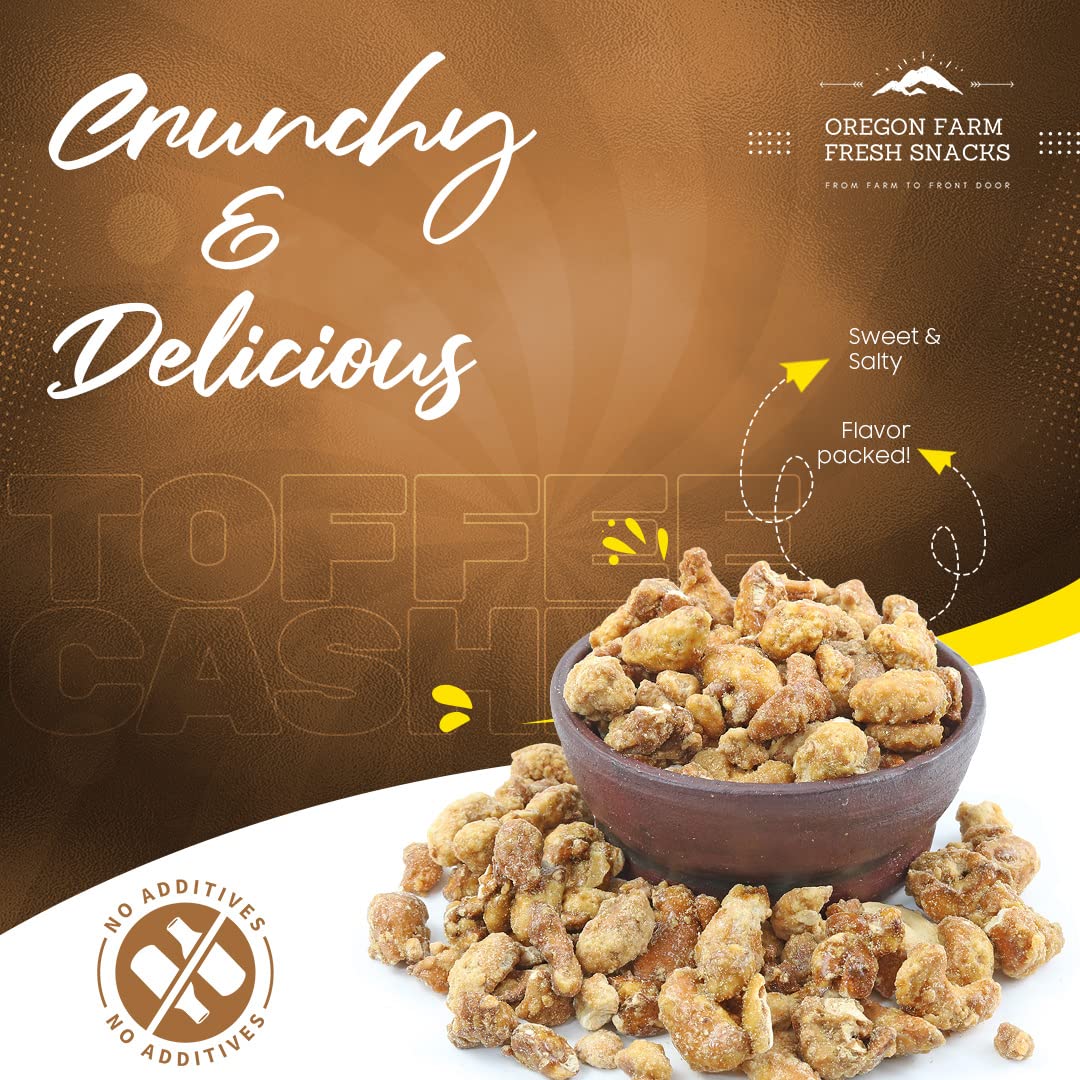 Oregon Farm Fresh Snacks Butter Toffee Cashews - Butter Toffee Coated Cashew Nuts - Delicious and Sweet Nut Snacks - Crunchy Cas