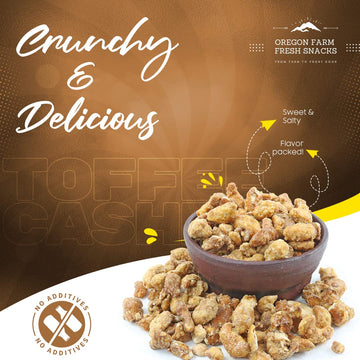 Oregon Farm Fresh Snacks Butter Toffee Cashews - Butter Toffee Coated Cashew Nuts - Delicious and Sweet Nut Snacks - Crunchy Cas