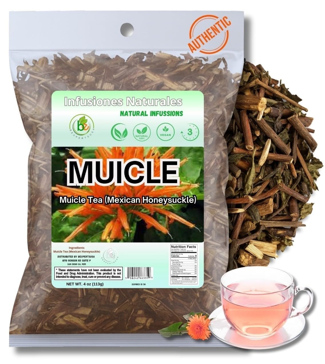 Muicle Herbal Tea (Mexican Honeysuckle) - 4 oz Loose Leaf - 100% Natural  Wildcrafted  Vegan  Non-GMO  Gluten-Free  Caffeine-Free - Authentic Mexican Herbal Infusion - by BexpertsUSA