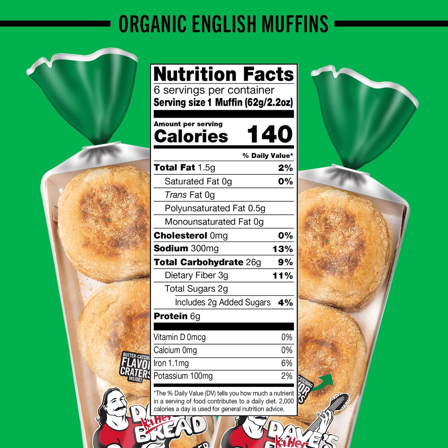 Daves Killer Bread Rockin Grains English Muffins, Organic Whole Grain English Muffins, 6 Count