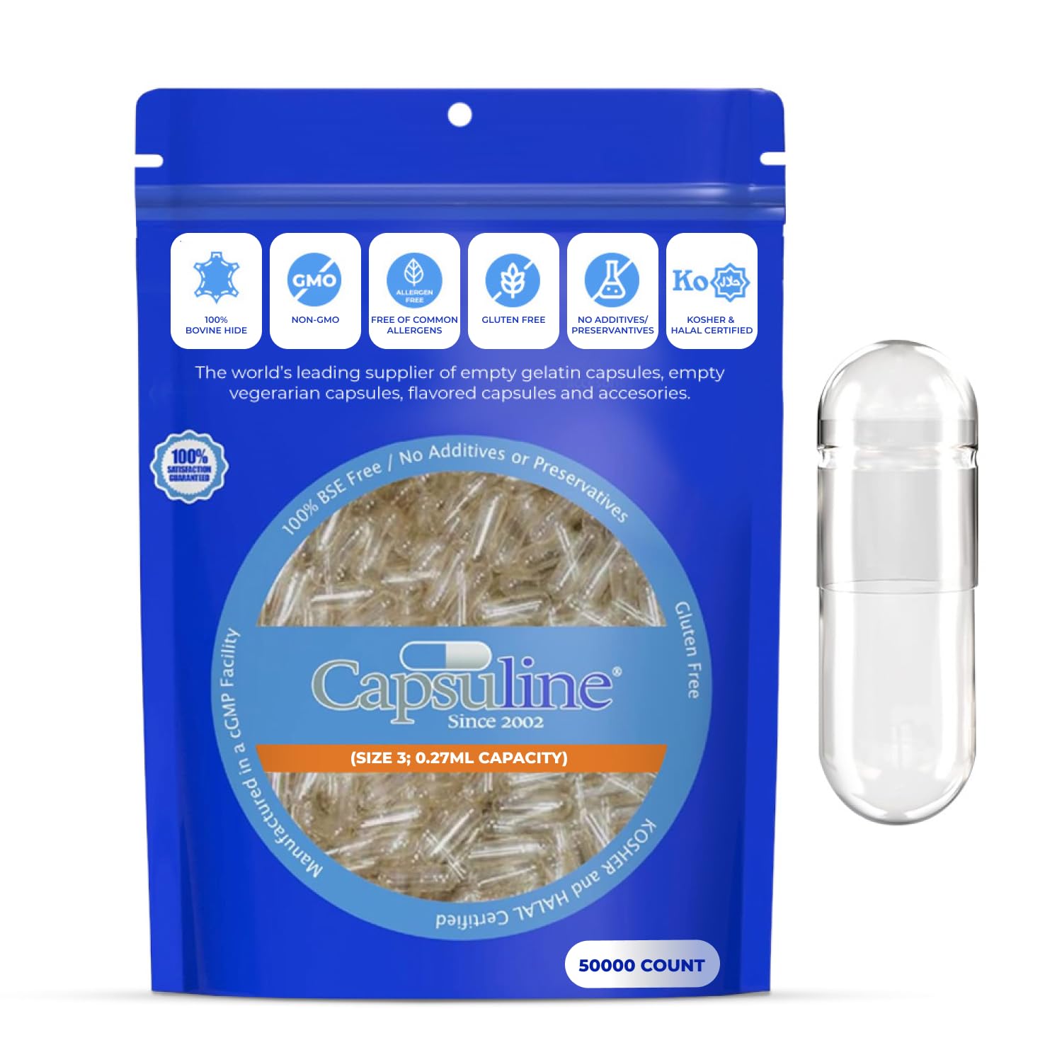Capsuline Clear Gelatin Capsules - 50000 Count Empty Capsules, Clear Color