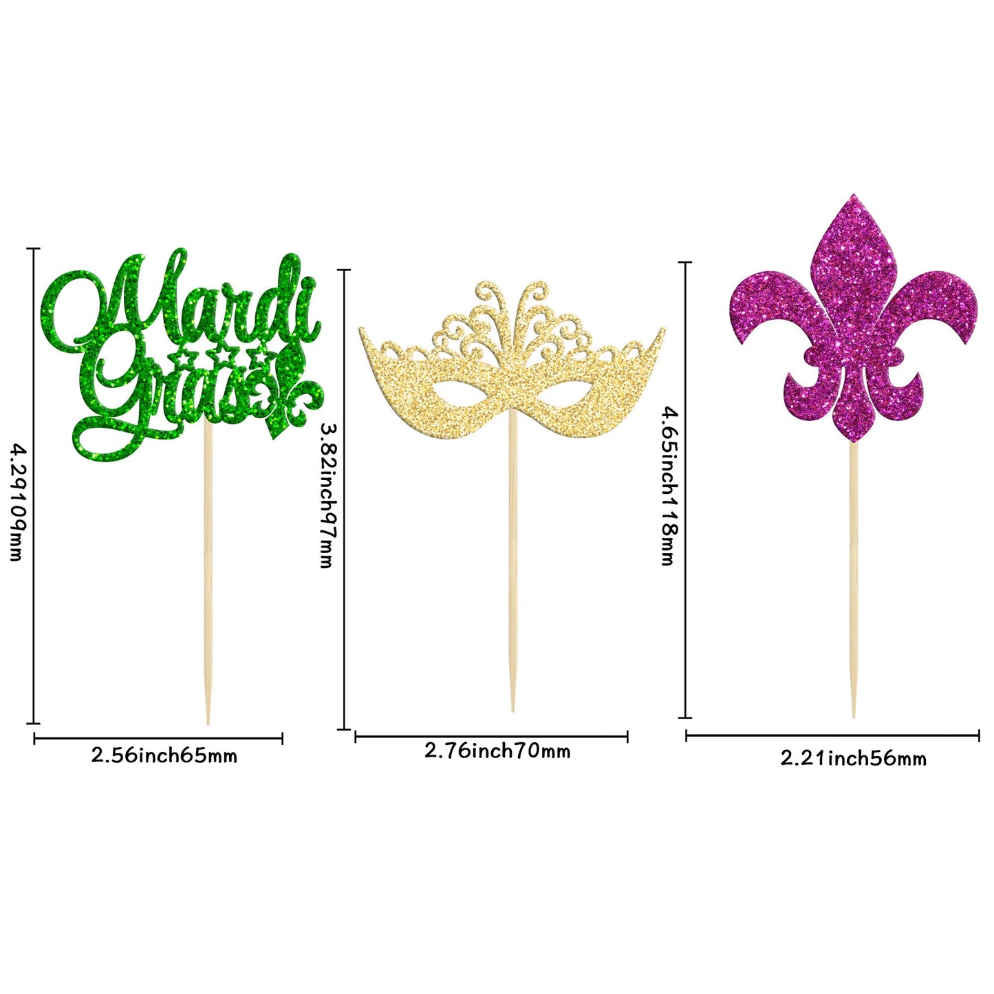 24Pcs Mardi Gras Cupcake Toppers Glitter Masquerade Cake Picks Mardi Gras Party Baby Shower Birthday Party Cake Decorations Supp