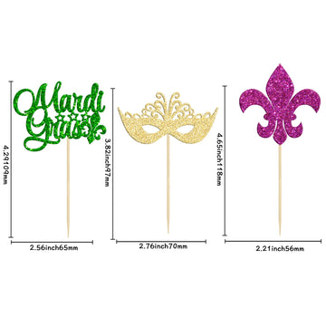 24Pcs Mardi Gras Cupcake Toppers Glitter Masquerade Cake Picks Mardi Gras Party Baby Shower Birthday Party Cake Decorations Supp