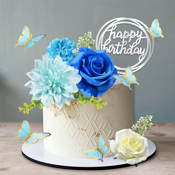 19 Pcs Flower Cake Toppers Butterfly Cake Decorations Happy Birthday Cake Toppers With Artificial Blue Rose Flowers Eucalyptus B