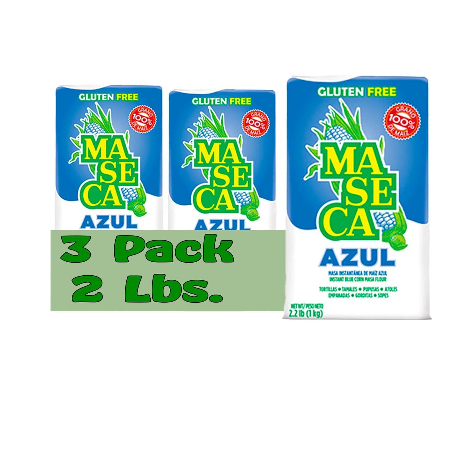 Maseca Azul Gluten Free Harina de Maiz (Corn Flour) 2 Lbs Bag 3 Pack