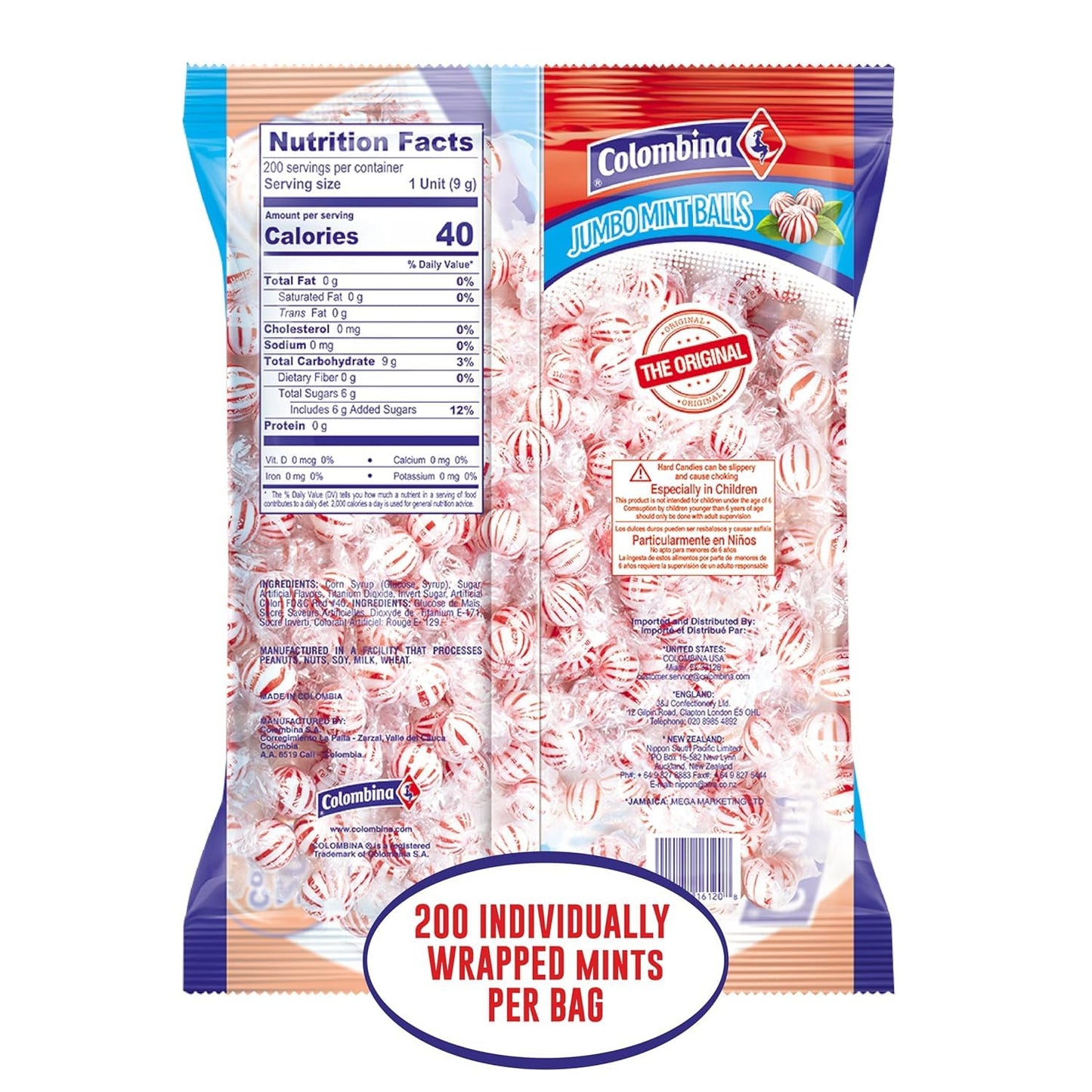 Colombina Jumbo Peppermint Balls Hard Candy, Red & White, 200 Count, 4lbs, Individually Wrapped