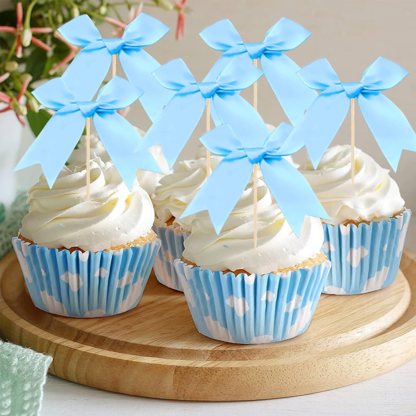 24 Pack Bow Cupcake Toppers, Blue Bow Coquette Birthday Decorations Valentine 'S Bowknot Ribbons For Bridal Shower Party Supplie