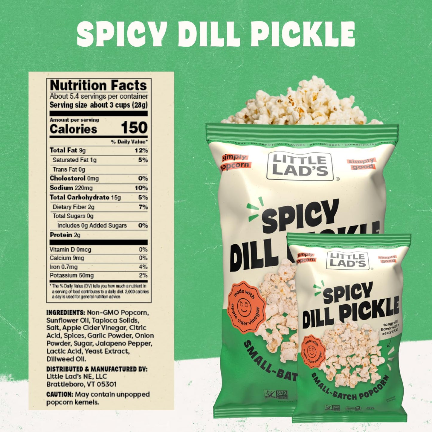 Little Lads Healthy Popcorn - Vegan, Gluten-Free, Non-Gmo Popcorn With Spicy Dill Pickle Flavor -5.4 Oz (Pack Of 3) (5.4 Ounce (
