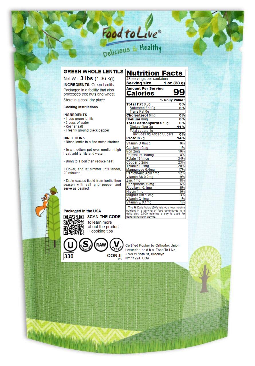 Food to Live - Whole Green Lentils, 3 Pounds Dried Raw Lentils, Sproutable, Kosher, Vegan. Rich in Dietary Fiber, and Protein. N