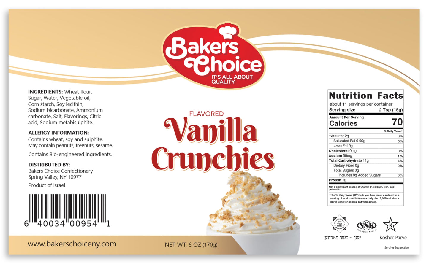 Bakers Choice Vanilla Crunch Topping - Dairy Free Light Brown Sprinkles for Ice Cream - 6 Ounce