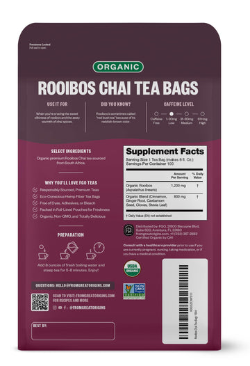 Fgo Organic Rooibos Chai Tea, 100 Count, Eco-Conscious Tea Bags, Resealable Bag, Packaging May Vary (Pack Of 1)