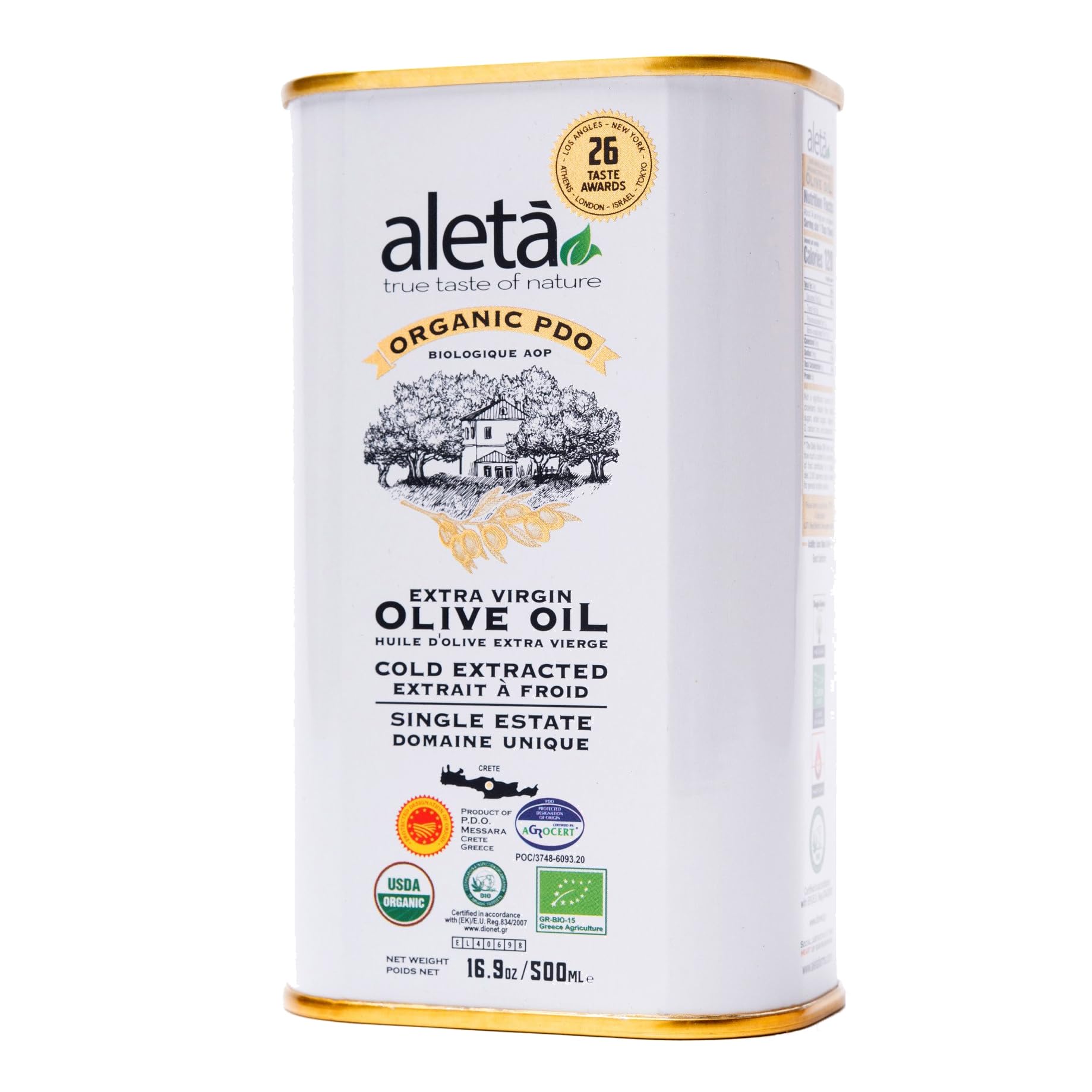 Aleta Olive Oil Extra Virgin, USDA Organic, Cold Pressed, 16.9 Fl Oz
