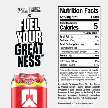 RYSE Fuel Energy Drink - Ring Pop Cherry - Sugar Free, Gluten Free, Vegan - 200mg Caffeine - 16 fl oz Cans (12-Pack)