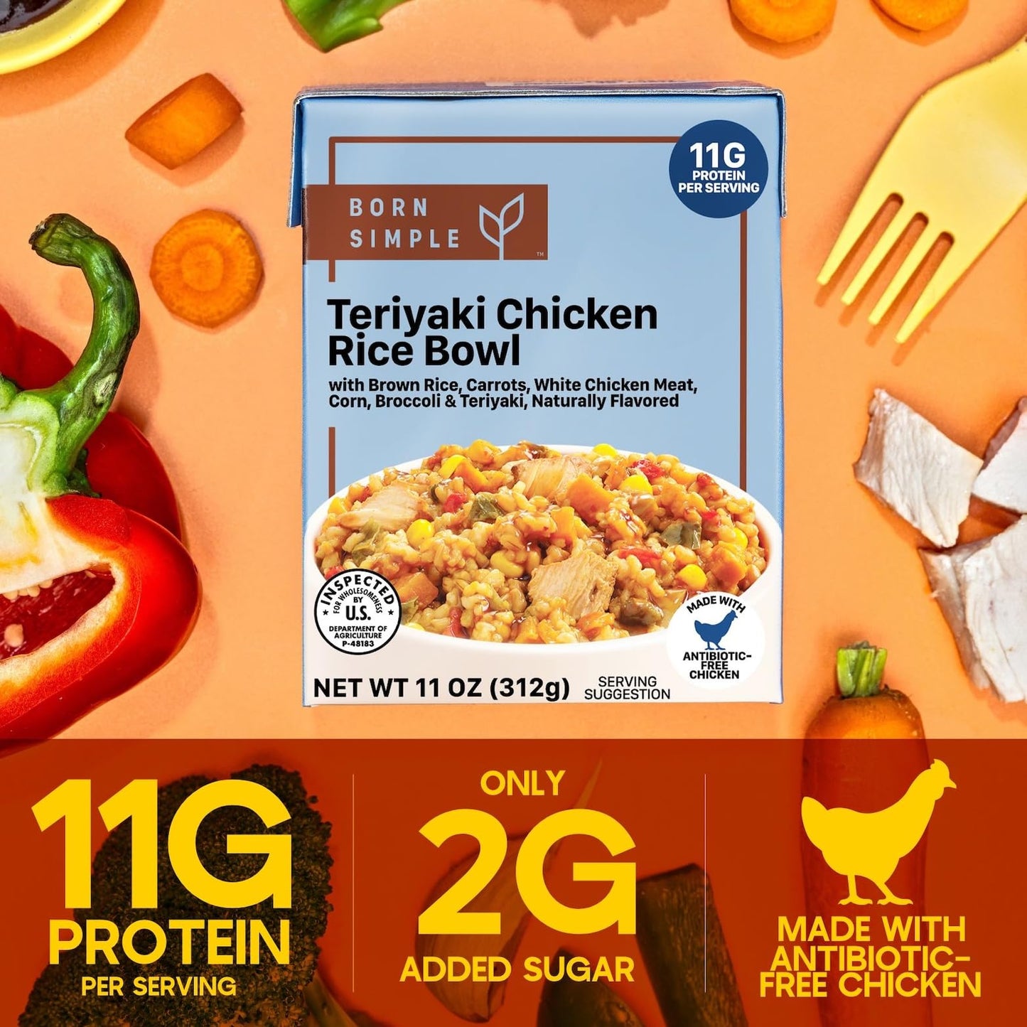 Born Simple Prepared Meals - Ready To Eat Teriyaki Chicken Rice Bowl | 11G Protein | 11 Oz (Pack Of 3)