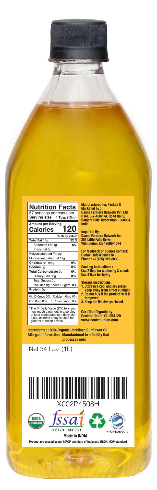 DAANA Sunflower Oil, USDA Organic, Extra Virgin, Cold Pressed, Non-GMO, 34 Fl oz (Pack of 1)