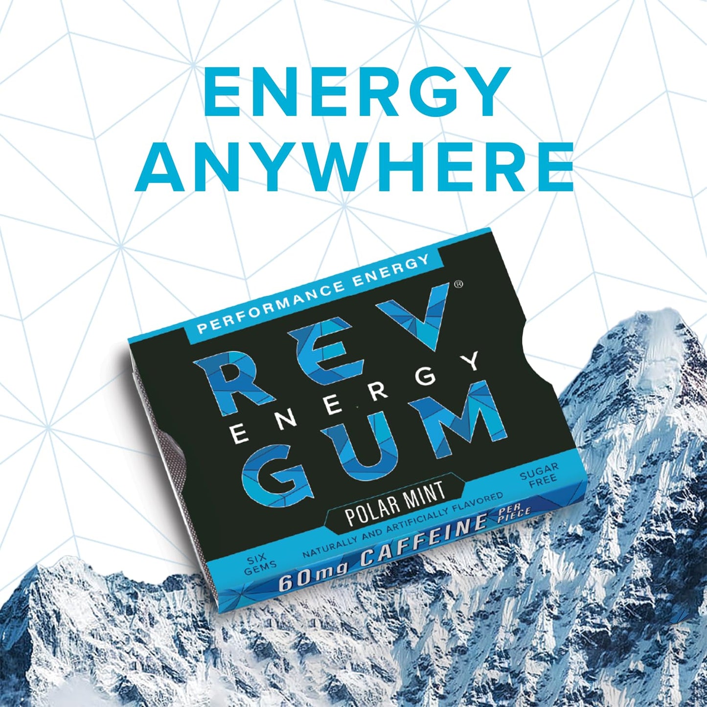 REV Caffeine Energy Gum - Polar Mint, Sugar Free, Low Calorie, Regular Strength, 60mg Caffeine per Gum, 12 Packs (72 Count)