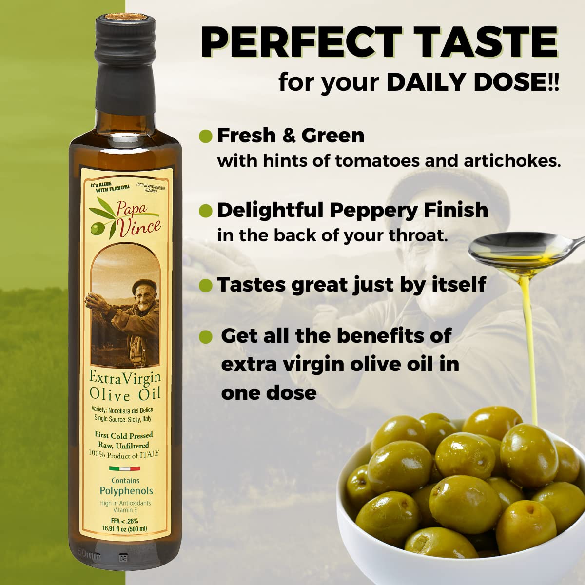 Papa Vince Extra Virgin Olive Oil, First Cold Press, 16.91 Fl Oz, Polyphenol Rich, Unrefined, No Pesticides, No GMO, Sicily, Italy