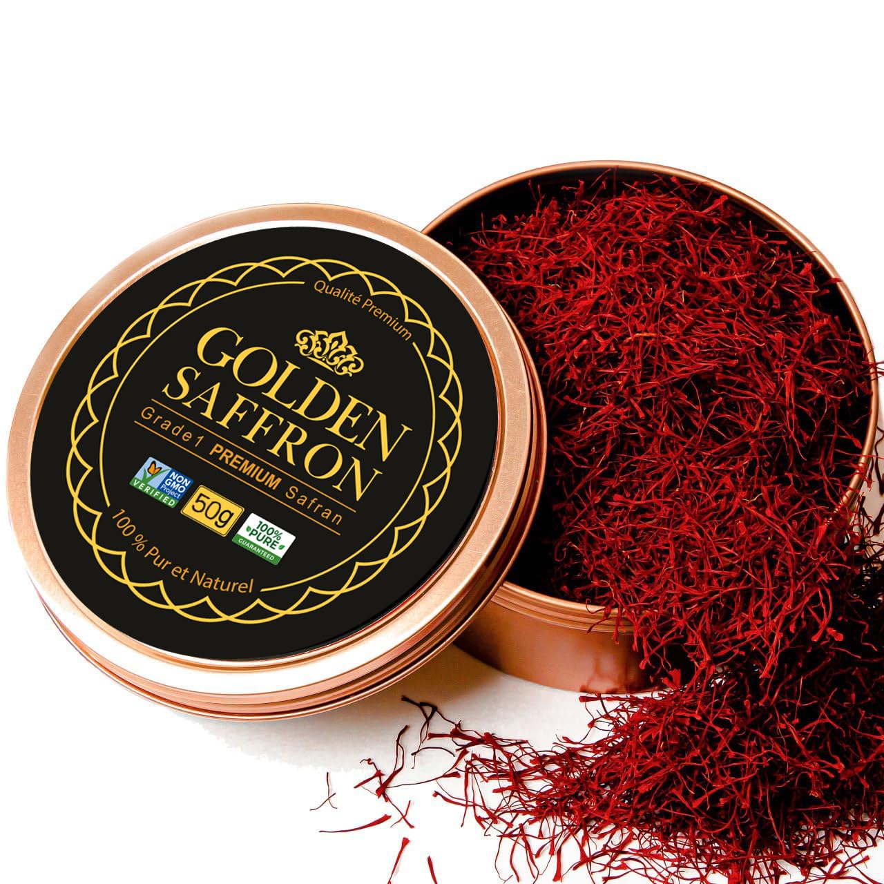 Golden Saffron  Finest Pure enhanced All Red Saffron Threads  Grade A+ Super Negin  Non-GMO Verified. For Tea  Paella  Rice  Desserts  Golden Milk and Risotto (50.0 Grams)