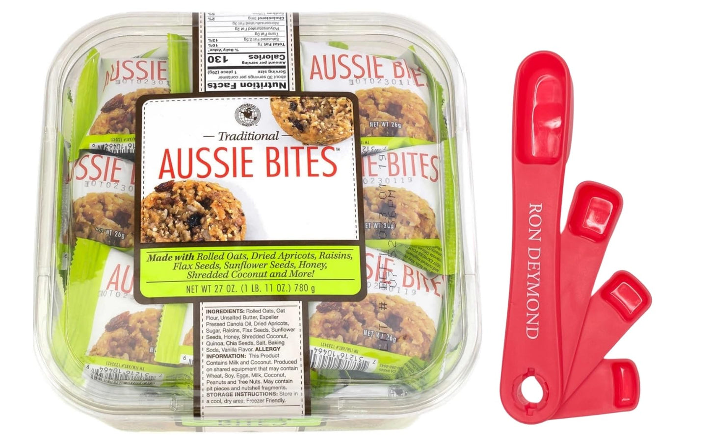 Traditional Aussie Bites Individually Wrapped 27 Oz, Oatmeal snacks cookies, Healthy Oatmeal Bites with RON DEYMOND Measuring Sp