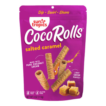 Sun Tropics Cocorolls Salted Caramel, Gluten Free, Dairy Free, Snack-Crisp Rolled Wafer Made With Pure Coconut Cream, 6 Count