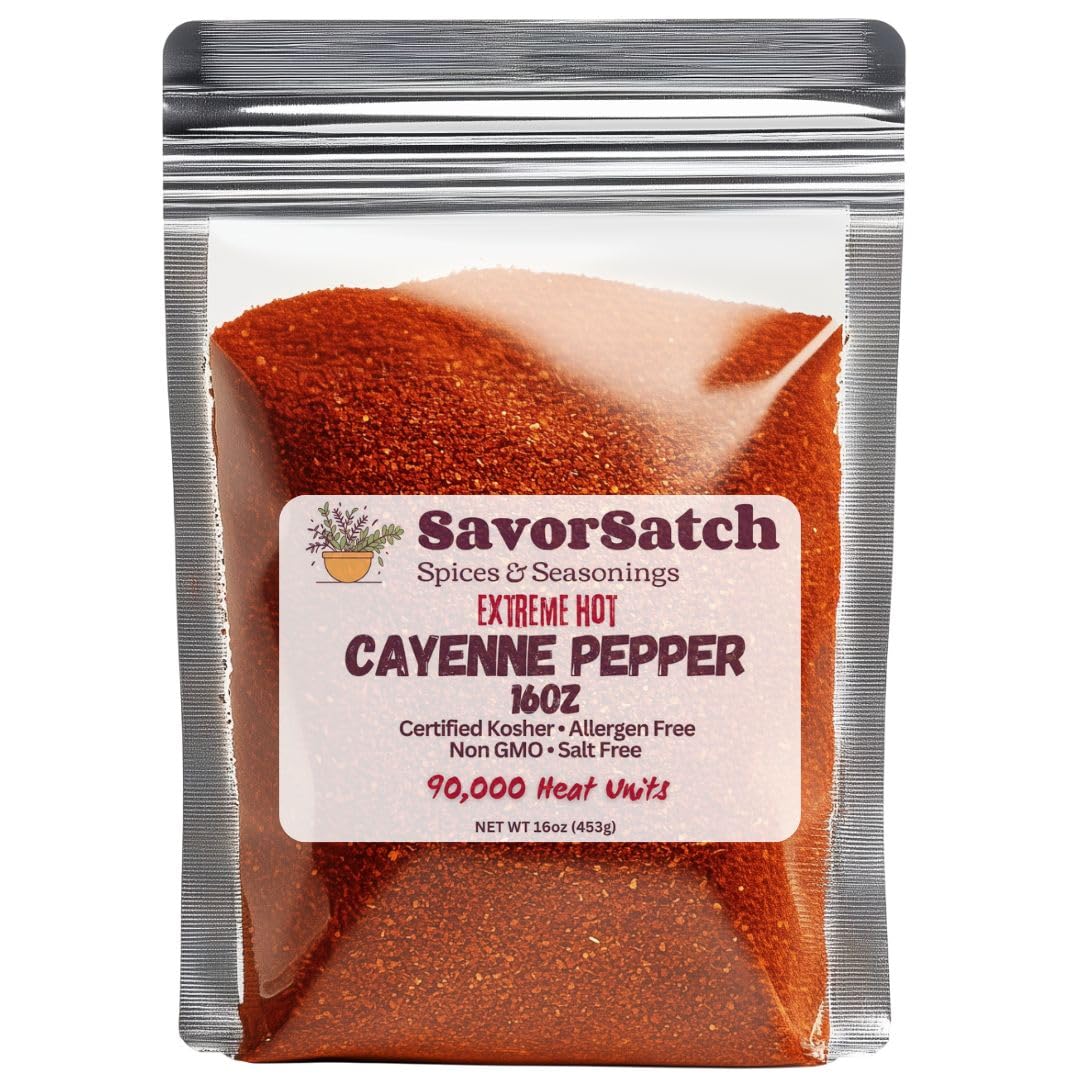 SavorSatch Ground Cayenne Chili Pepper, 90,000 SHU, 16oz Resealable Pouch, Bulk Powder, Certified Kosher, Premium Spice for Cooking