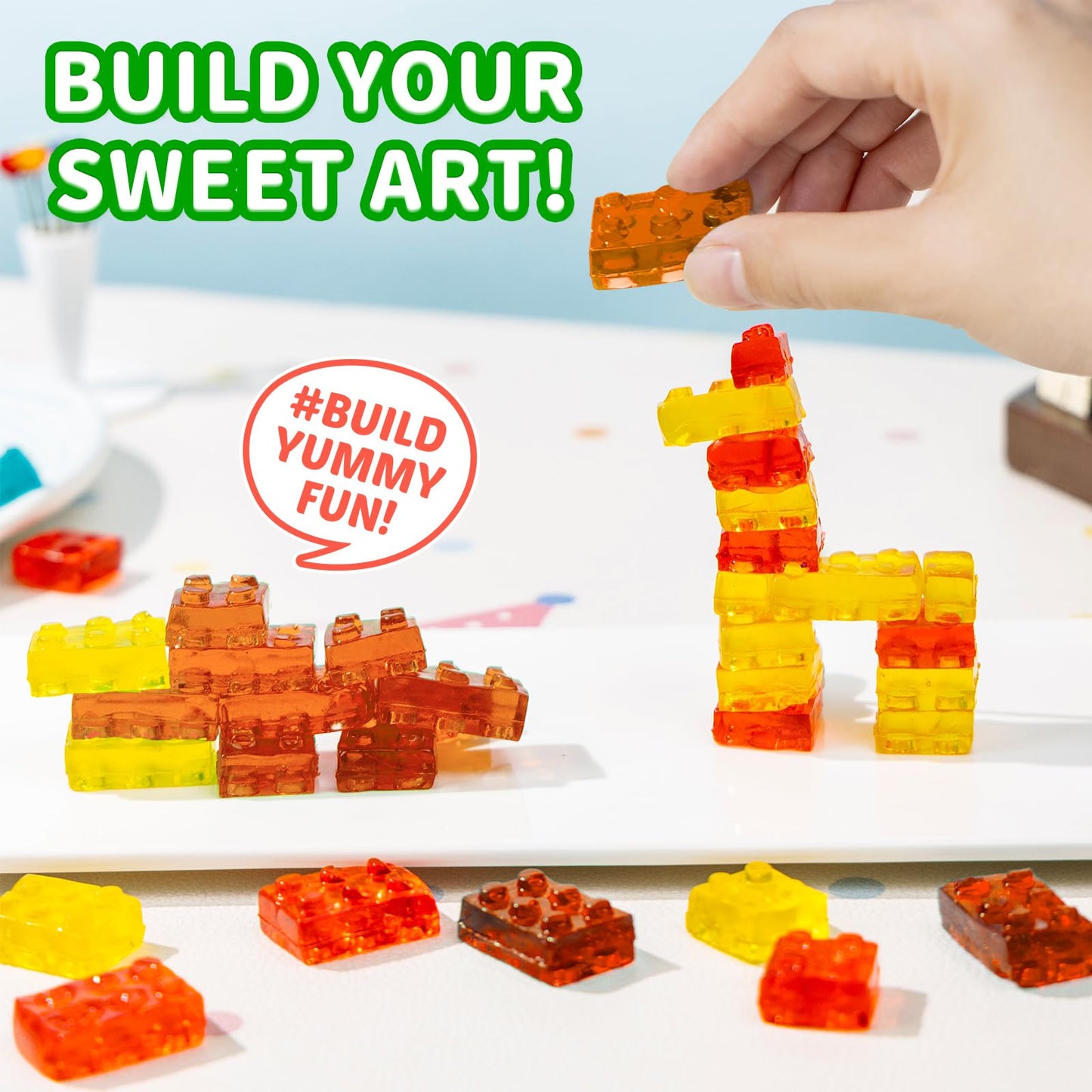 AMOS 4D Vegan Gummy Blocks Candy - Assorted Fruit Flavors  Made with Real Juice  Fun-to-Build Edible Blocks  Fat-Free  (8.47 oz Pack of 1)