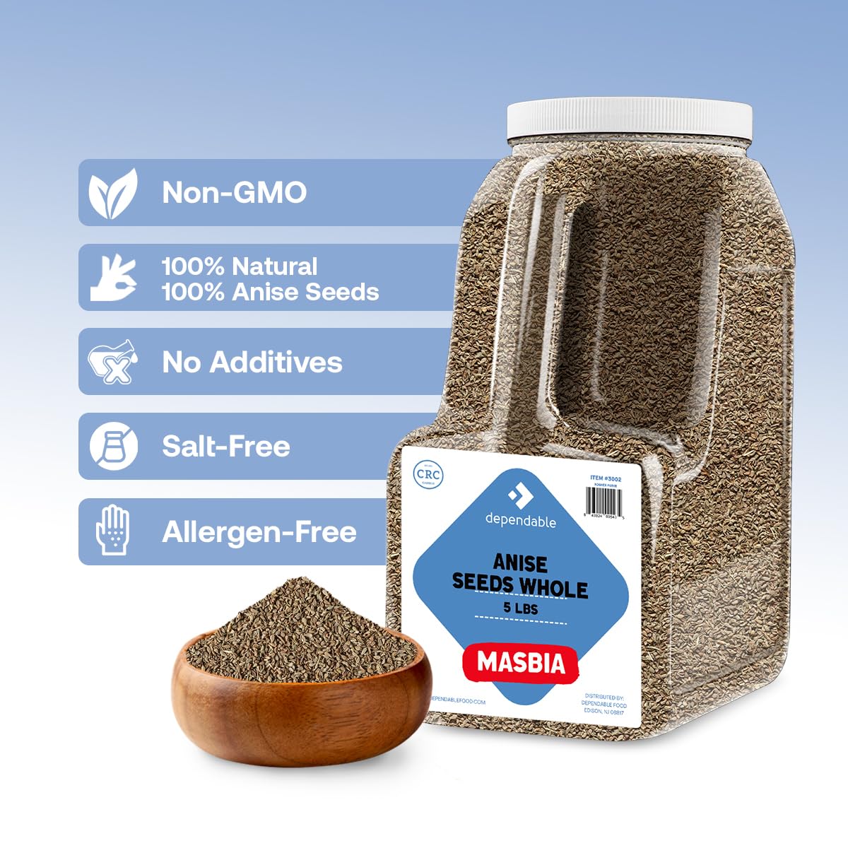 Dependable Food Whole Anise Seeds - 5 Lb. Bulk Jar - 100% Natural, Non-Gmo, Kosher, Allergen-Free - Resealable Jug