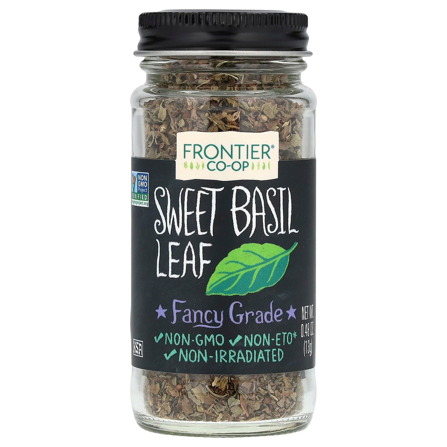 Frontier Sweet Basil Leaf, 0.48 Ounce Bottle, Cut & Sifted, Warm Mild Flavor Is Great With Vegetables Dressings, Soup & More
