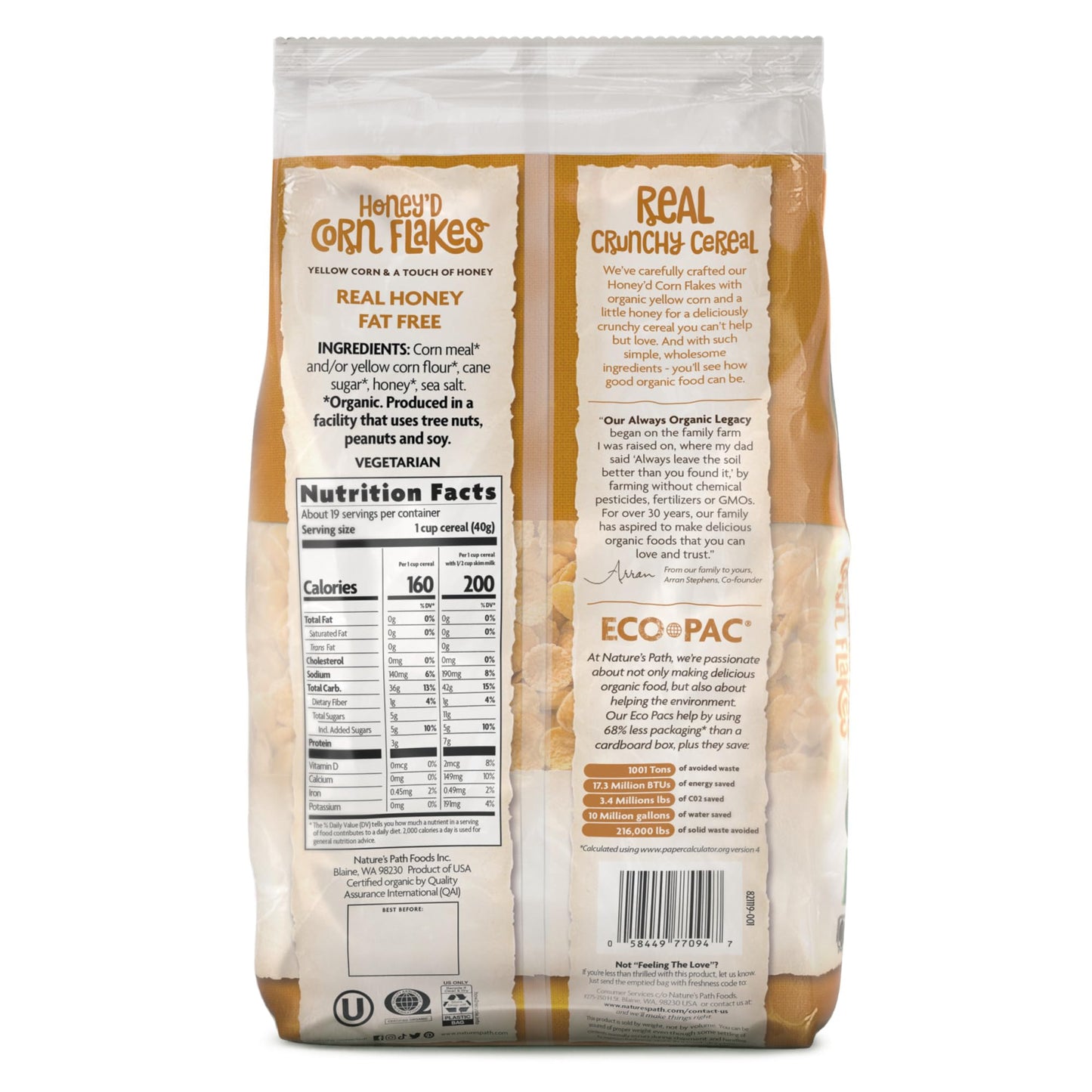 Nature s Path Organic Honey D Corn Flakes Cereal, 26.4 oz (Pack of 6), Gluten Free, Non-GMO, Earth Friendly Packaging