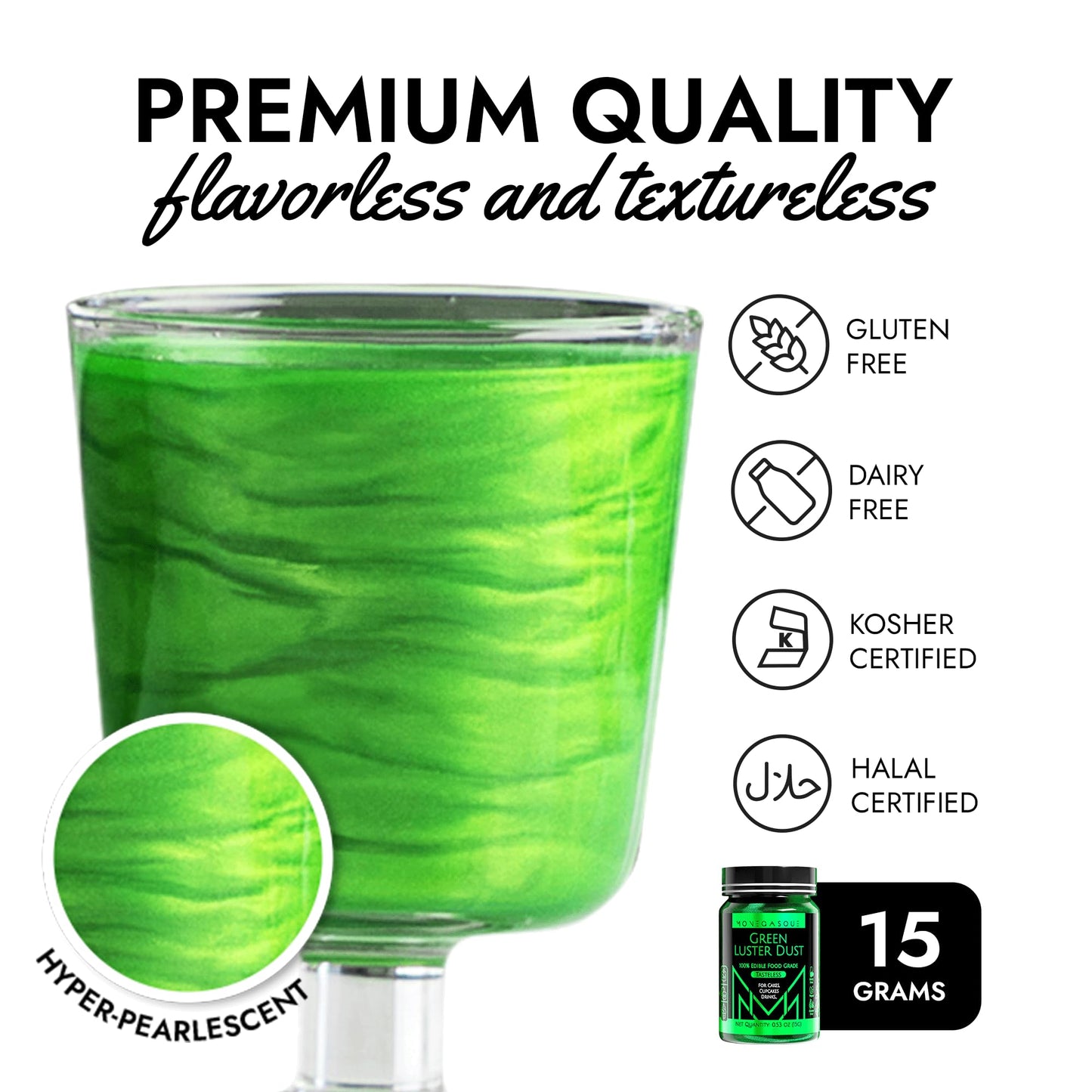 Mon  Gasque Green Luster Dust Edible Glitter For Cocktails 15G - Premium Green Edible Glitter - Halloween Cake Glitter - Edible