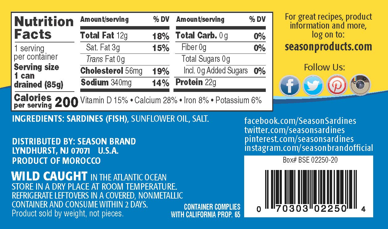 Season Sardines In Sunflower Oil - Wild Caught, 22G Of Protein, Keto Snacks, More Omega 3'S Than Tuna, Kosher, High In Calcium,