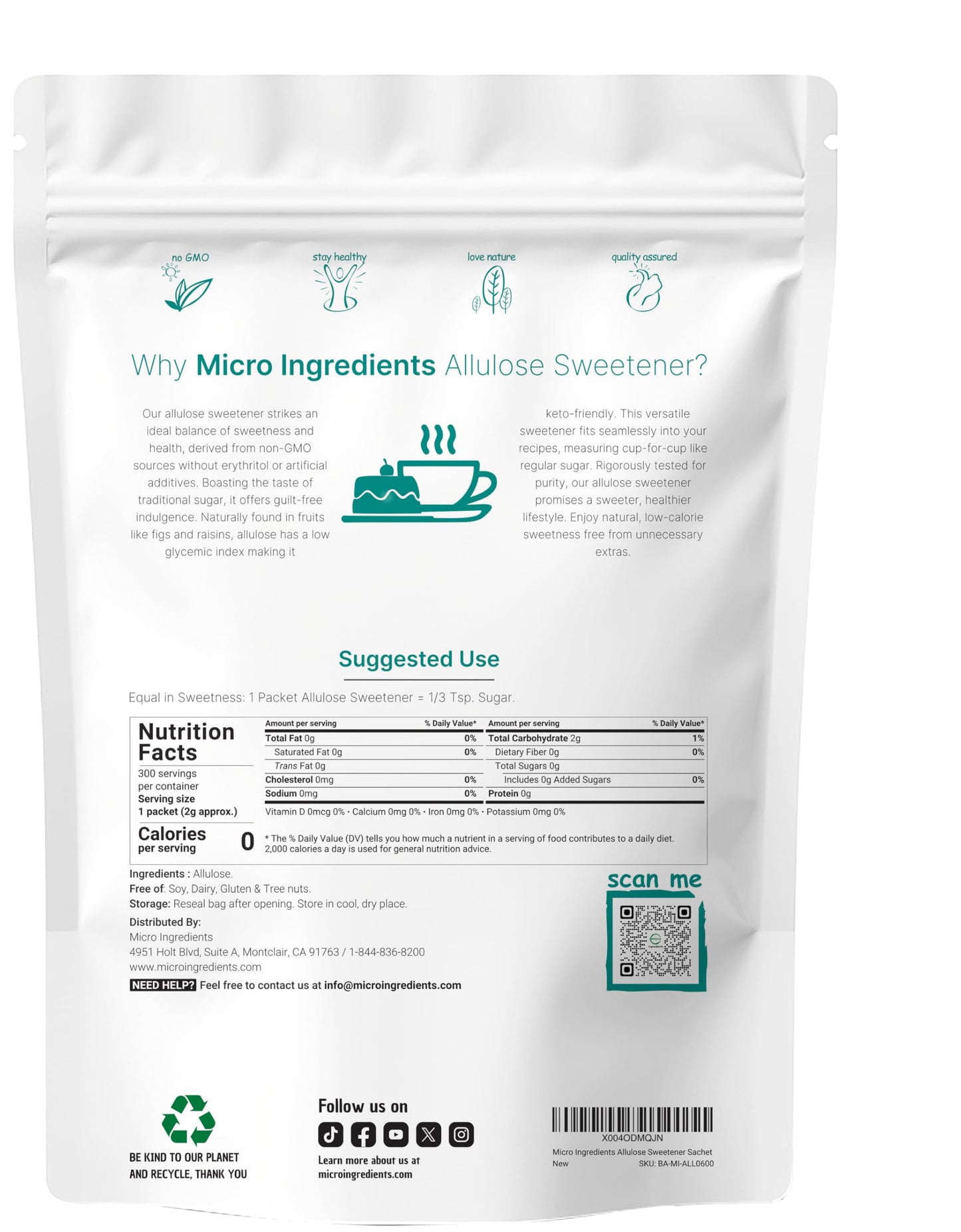 Allulose Sweetener  300 Packets | Zero Calorie  Plant Based Sugar Substitute  No After Taste | Best for Coffee  Drinks  Tea  Snacks  Cooking  & Baking | Keto Diet & Vegan Friendly | Erythritol Free