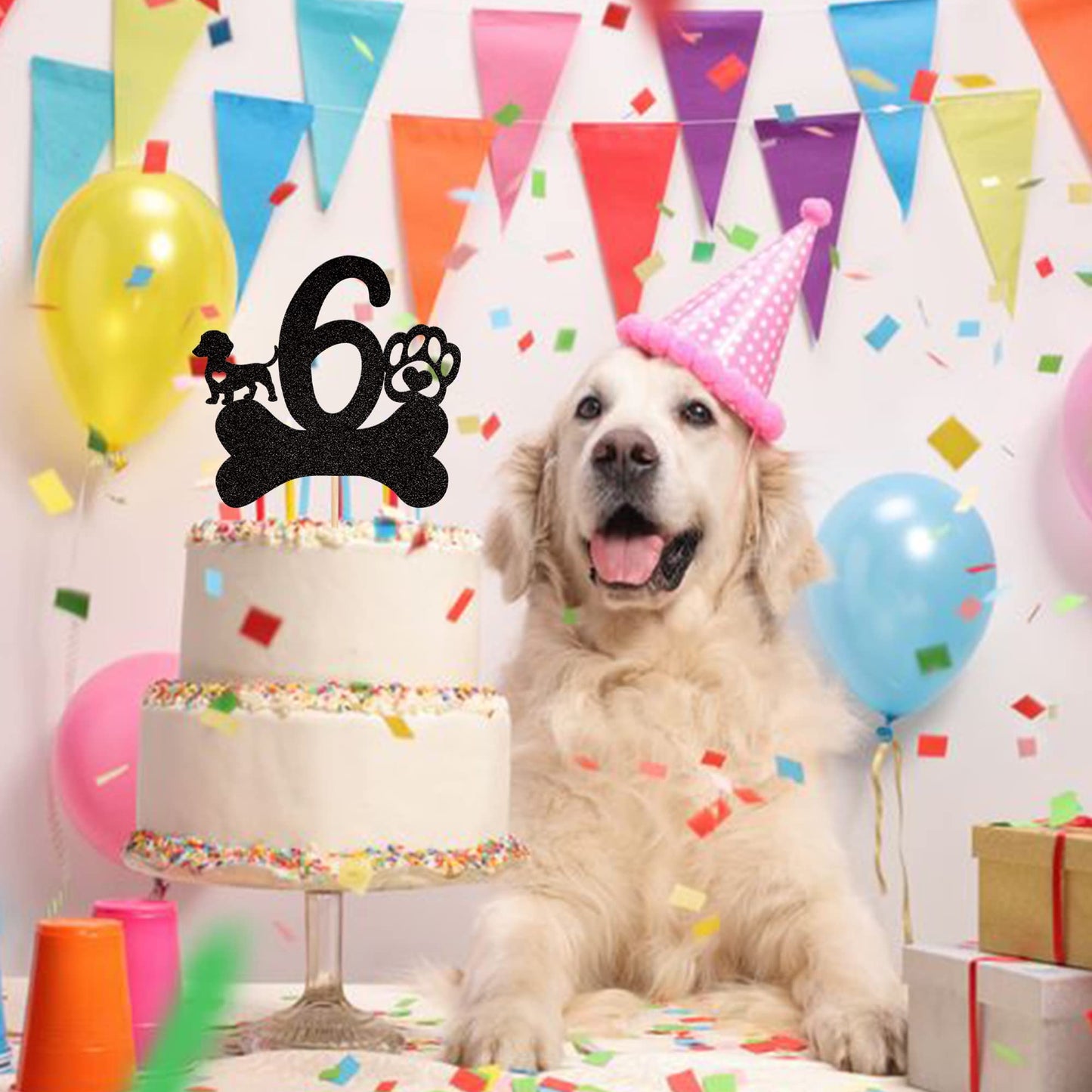 1 Pcs 6Th Birthday Cake Topper Black Glitter Dog Paw Six Years Old Birthday Puppy Dog Bone Cake Pick For Let'S Pawty Baby Shower