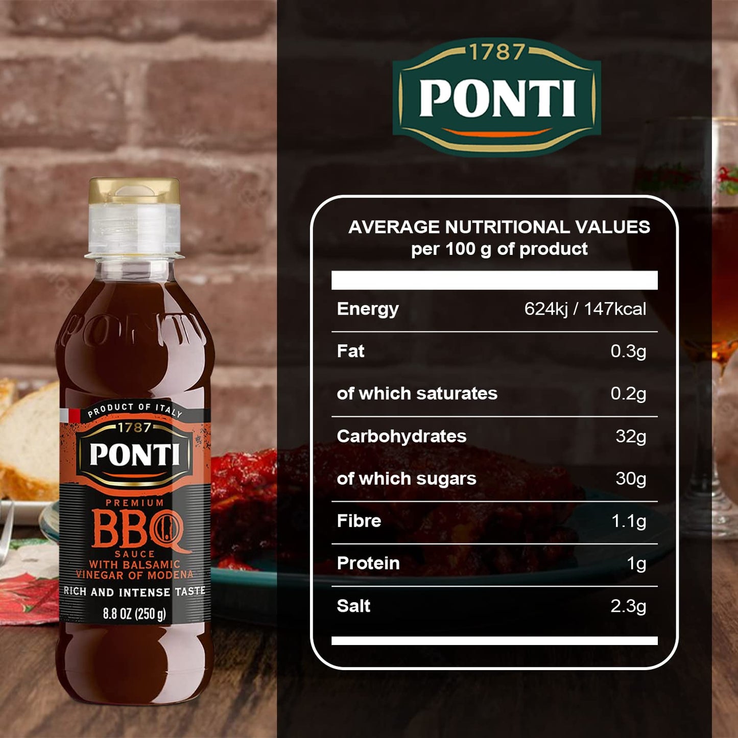 Ponti BBQ Glaze with Balsamic Vinegar - Intense Smoky Flavor - 8.8 Fl Oz