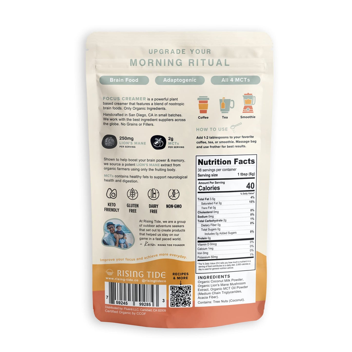 Rising Tide Focus Mushroom Coffee Creamer - Creamy Coconut Powdered Creamer - Superfood Blend For Enhanced Energy And Focus - No